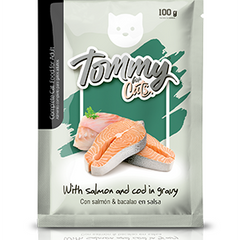 Pouch para gato adulto Tommy sabor salmón y bacalao en salsa