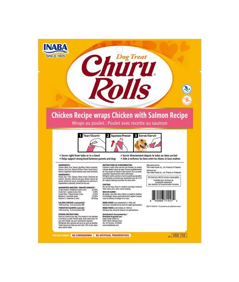 Snack para perro Churu Rolls 8 piezas - pollo con salmón 96 g