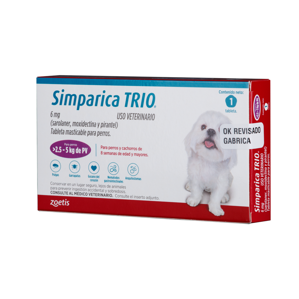 Antiparasitario para perro Simparica Trio Morado – 1 tableta (2.6 a 5 kg)